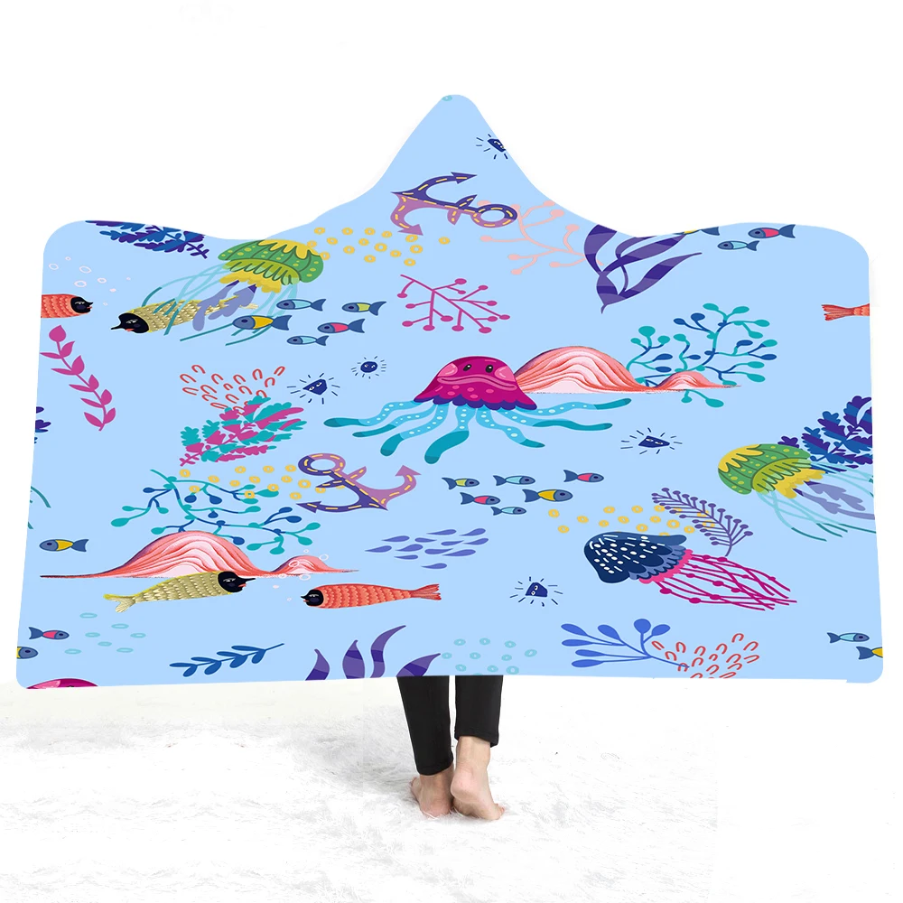 

Kids Wearable Blanket Seaworld Cartoon Animals Blue Bed Cover Sofa TV Home Warm Soft Sherpa Fleece Blanket for Travel Camping
