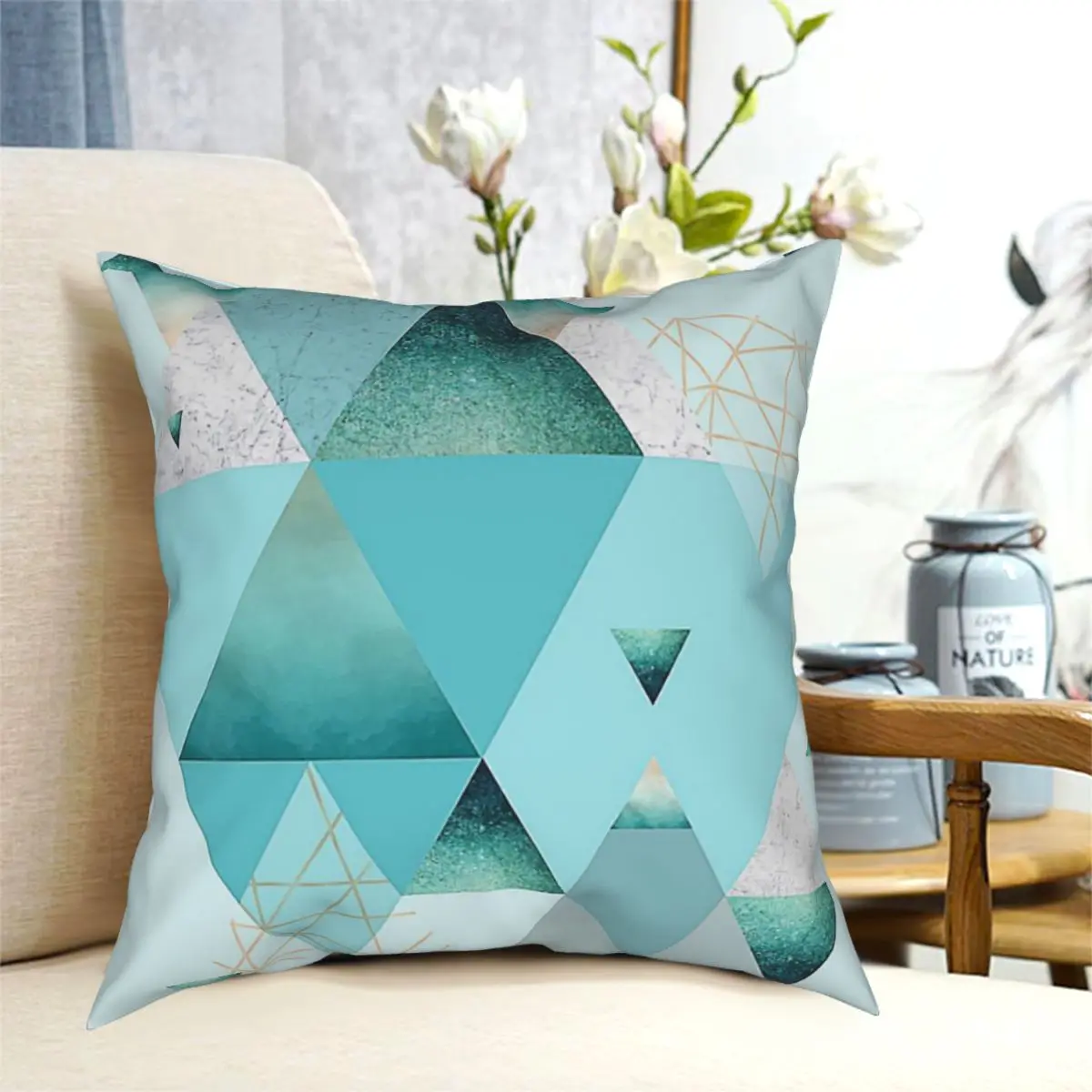 

Blue And Turquoise Geometric Triangles In Teal Aqua And Rose Gold Cushion Cover Decorative Pillowcases Case Home Sofa Cushions