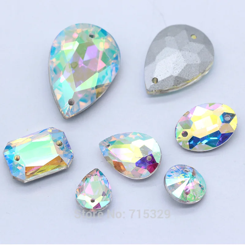 Varis shape Faceted Glass czech crystal AB pointed silver foiled back sew on diamante rhinestones 2Holes stone jewels for gament | Украшения