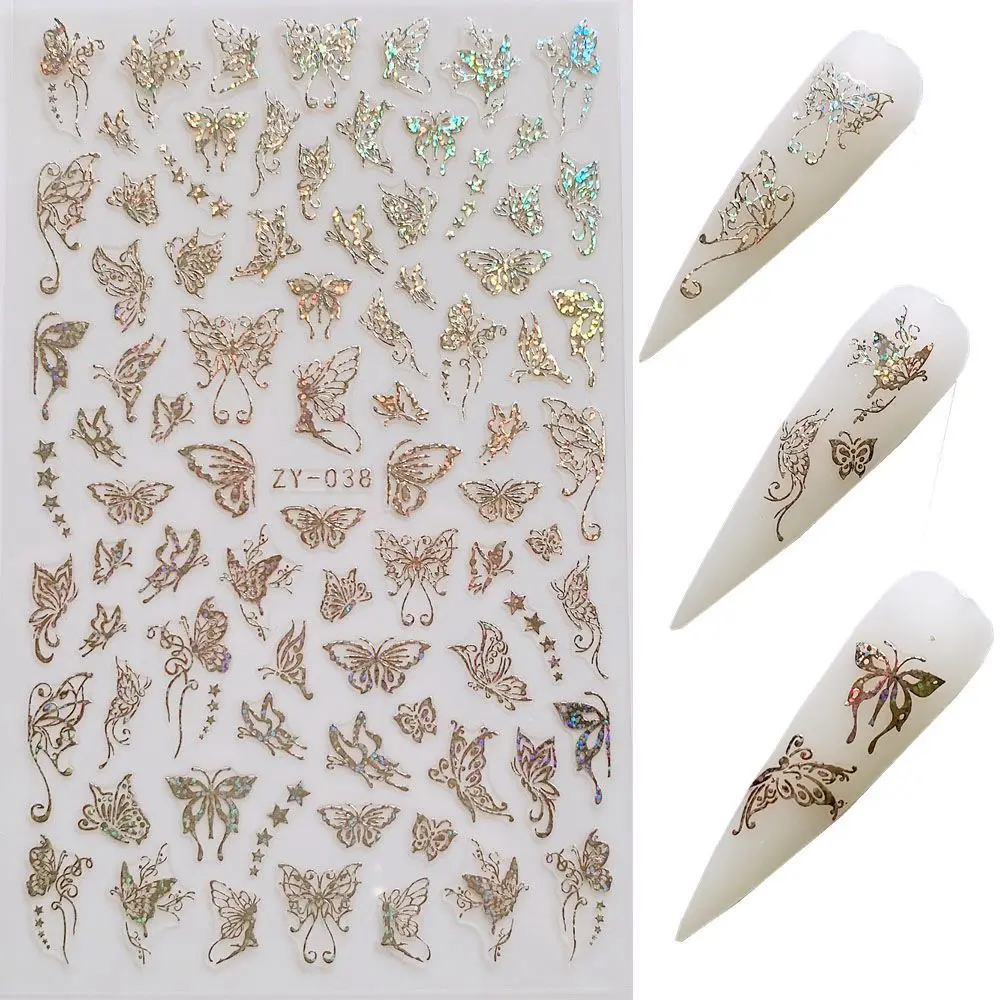 

10PCS Laser Gold Butterfly Nail Art Sticker and Silver Color Butterfly Self-Adhesive Decal Designs Manicure Polish Strips Wraps