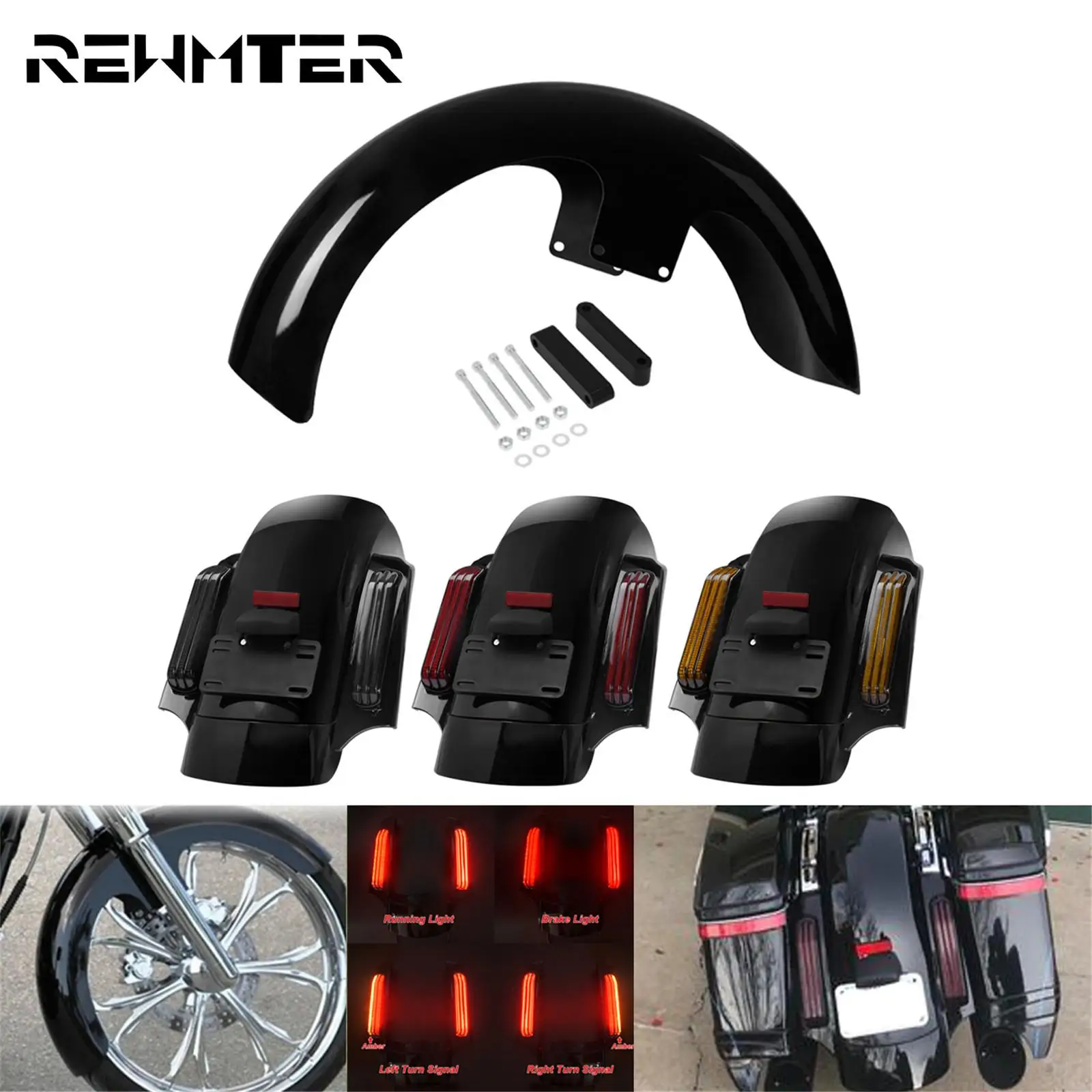 

Motorcycle Gloss Black 21" Wrap 5.5" Front Fender+LED CVO Style Rear Fender System Extension Fascia Set For Harley Touring 14-20