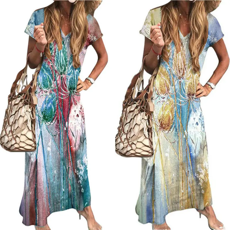 

Maxi Dress Vintage Women Dress Long 2021 Summer Boho Loose V-Neck Short Sleeve Printed Dress Holiday Sundress