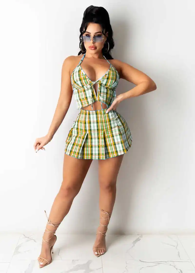 

Plaid Sexy 2 Two Piece Set Women Skirt Backless Club Vacation Outfits Summer Halter Crop Top+Pleated Skirts Femme