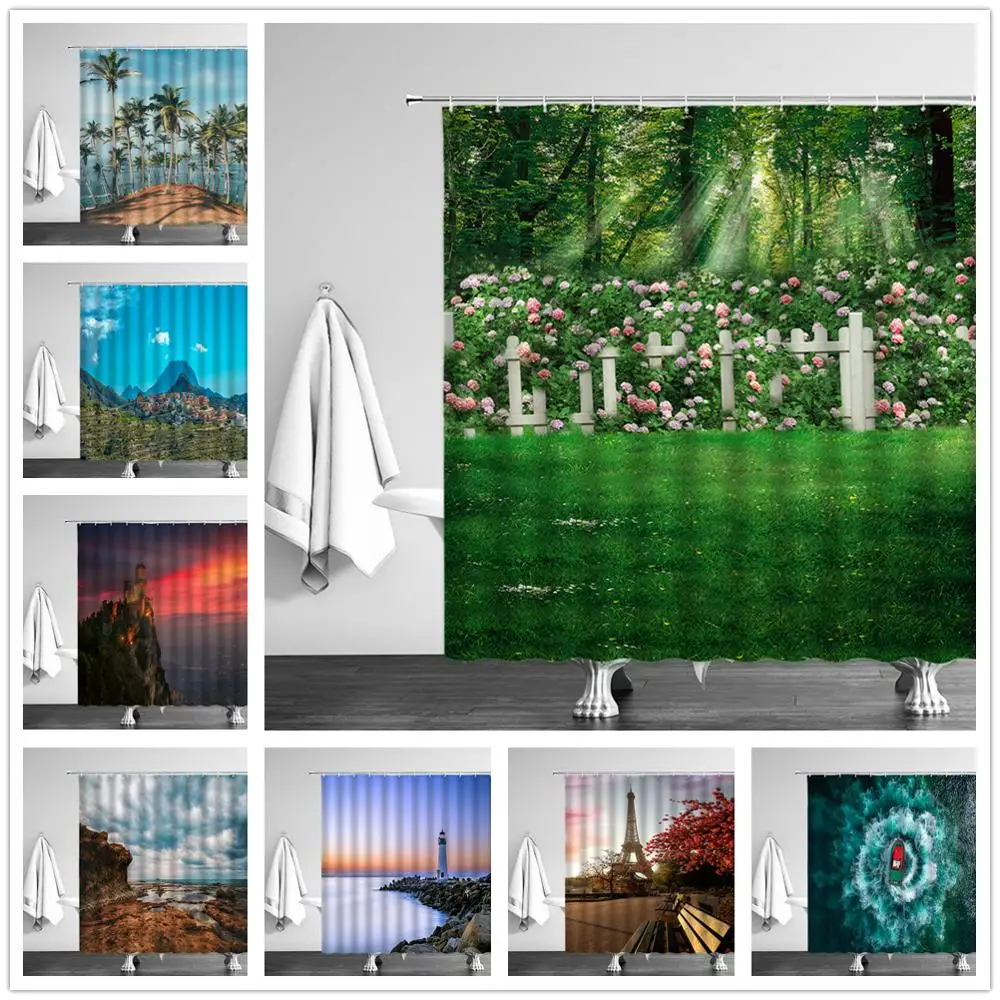 

Shower Curtains Green Meadow Flower Landscape Natural Scenery Bathroom Decor Waterproof Fabric Cloth Curtain Cheap With Hooks