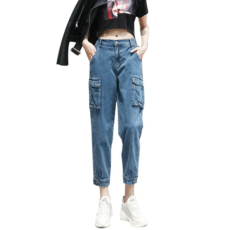 Джинсы с высокой талией женские широкие брюки джинсы карманами повседневные