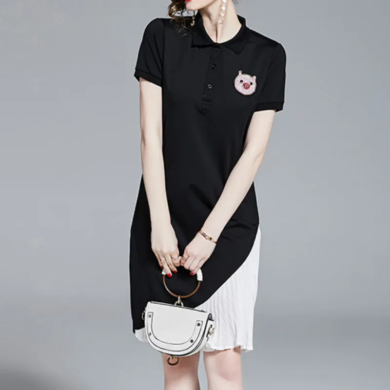 Поло рубашка воротник с коротким рукавом женское платье Мода черный белый