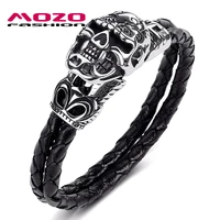 punk demon skull charm bracelet fashion male jewelry black double layer leather stainless steel exaggeration bangle ps1030
