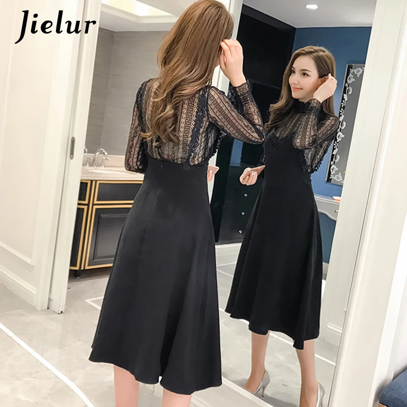 Женский костюм-двойка Jielur черный с кружевной блузкой и платьем в Корейском стиле