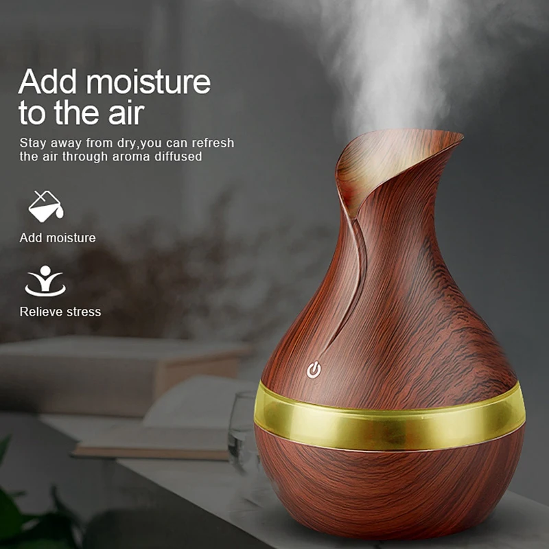 

HOT-300 Ml Ultrasonic Air Humidifier Aroma Essential Oil Diffuser With Wood Grain 7 Color Changing Led Lights For Office Home