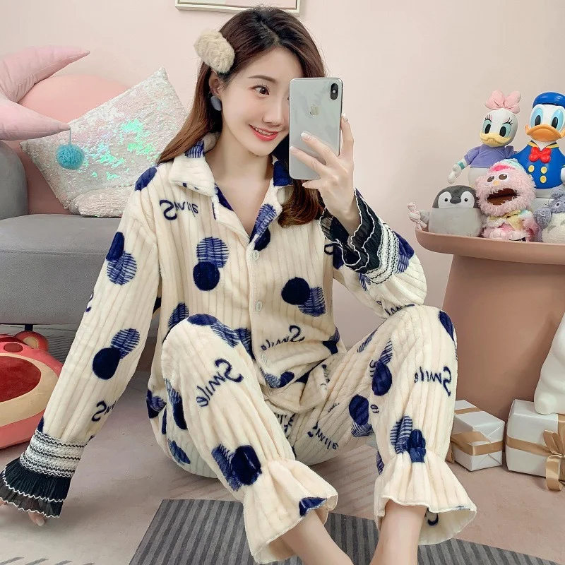 Autumn and Winter Coral Velvet Pajamas Women's Suit 2021 New Flannel Thickened Plus Velvet Warm Home Service