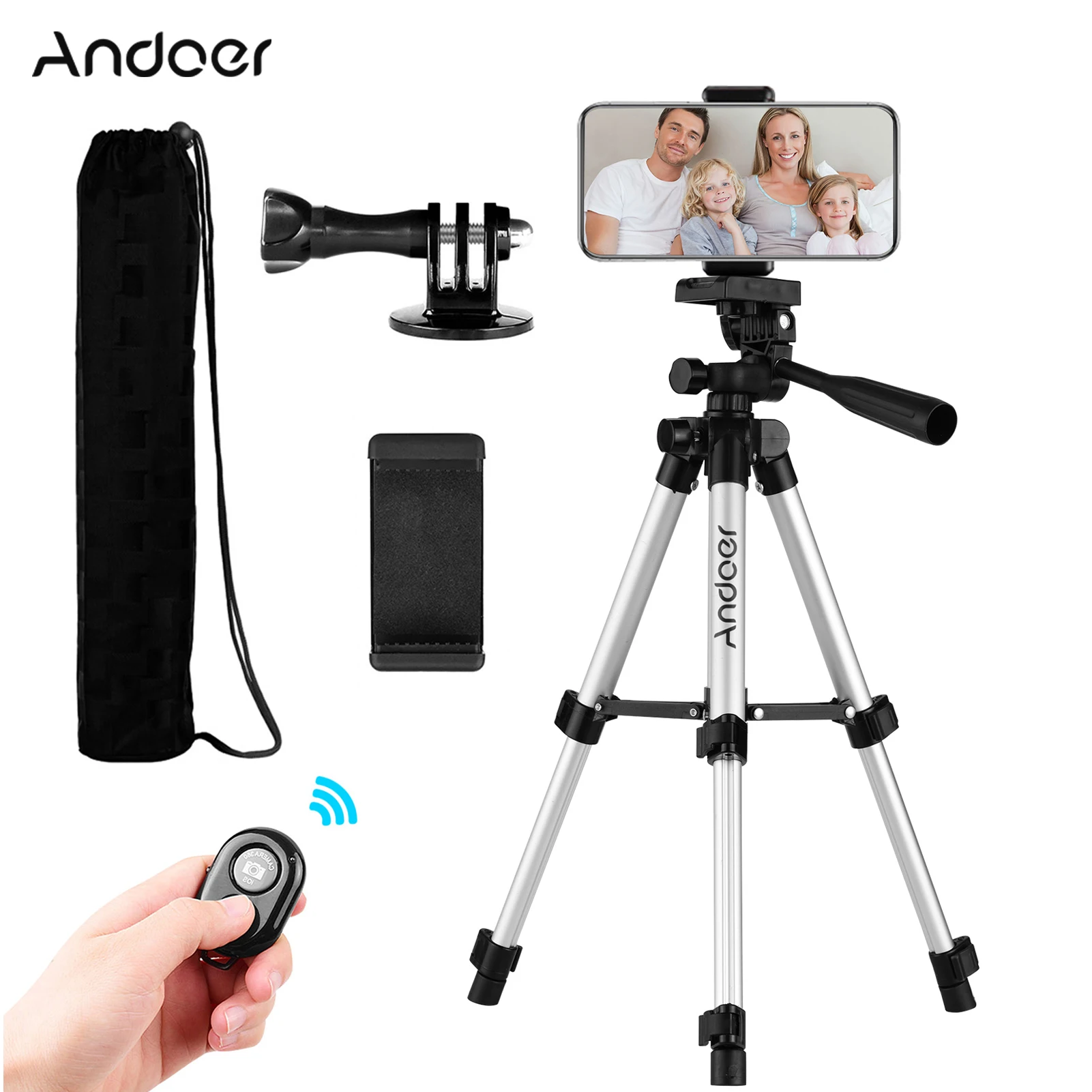 

Andoer Mini Tripod Stand 1/4 Inch Screw with Remote Shutter Phone Holder Camera Mount Adapter for Live Streaming Phone Tripod