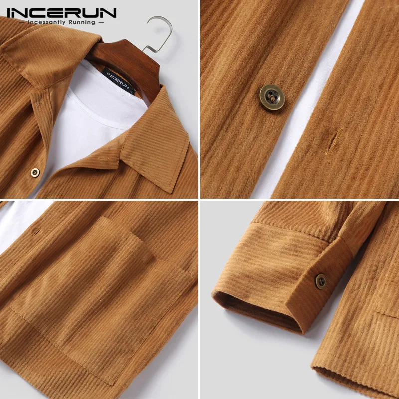 INCERUN, мужские куртки, чистый цвет, повседневные, вельветовые, с длинным рукавом, пальто, куртки, Harajuku, модные, однобортные, с отворотом, мужские пальто
