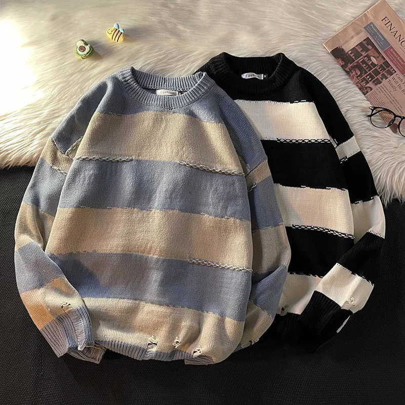 

Рваный вязаный свитер контрастных цветов в полоску, Свободный пуловер оверсайз с круглым вырезом и длинными рукавами, уличная одежда в стил...