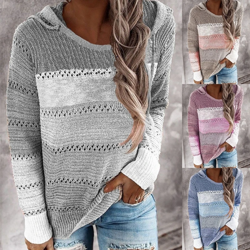 

Женский трикотажный свитер с вырезами, свободный свитер с длинным рукавом и круглым вырезом, полосатый джемпер с цветными вставками