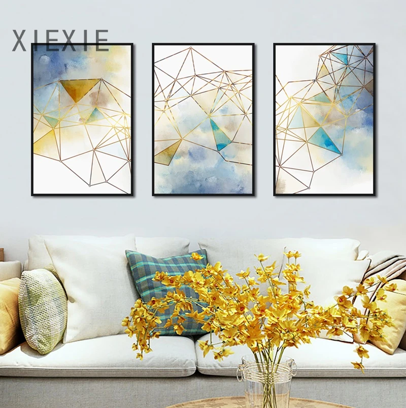 

Modern Abstract Canvas Painting Golden Line Geometric Figure Triangle Blue Yellow Watercolor Posters for Office Hotel Decor