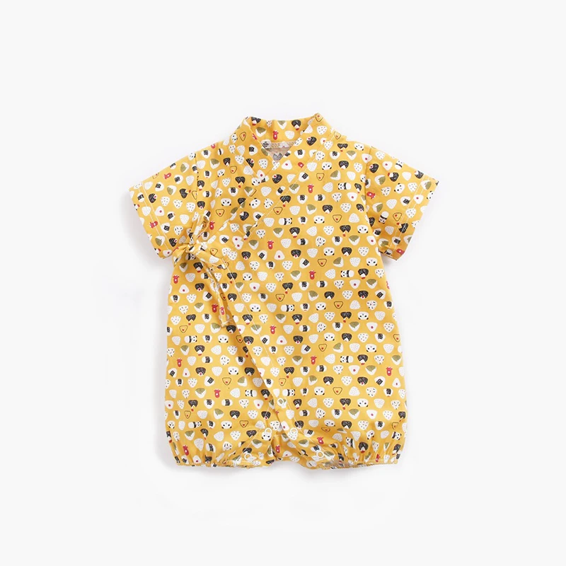 

ATUENDO Summer Yellow Newborn Baby Rompers 100% Cotton Japanese Kimono Infant Jumpsuits Fashion Kawaii Cute Satin Soft Babysuit