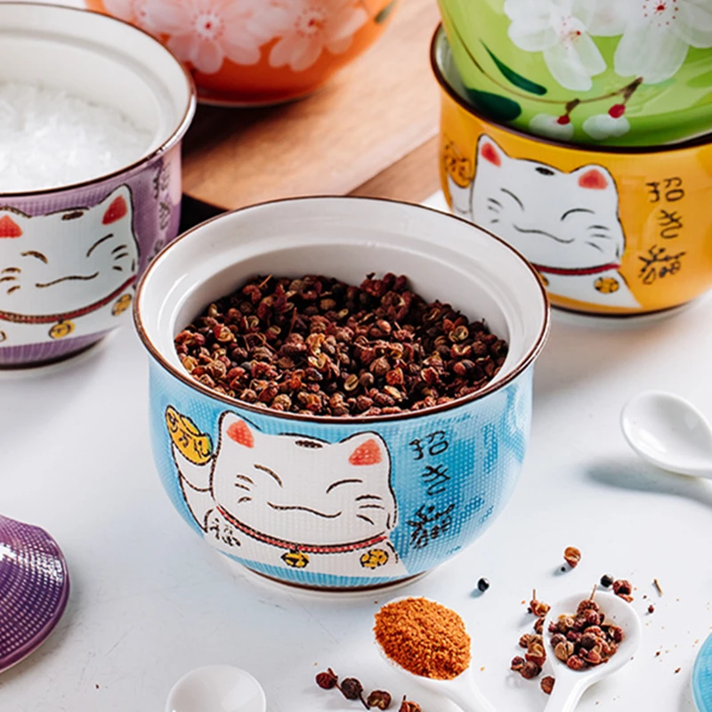

Ceramics Condiment Bottles Japanese Lucky Cat Blue Round with Spoon Spice Jar Salt Pepper Gift Box Household Kitchen Supplies