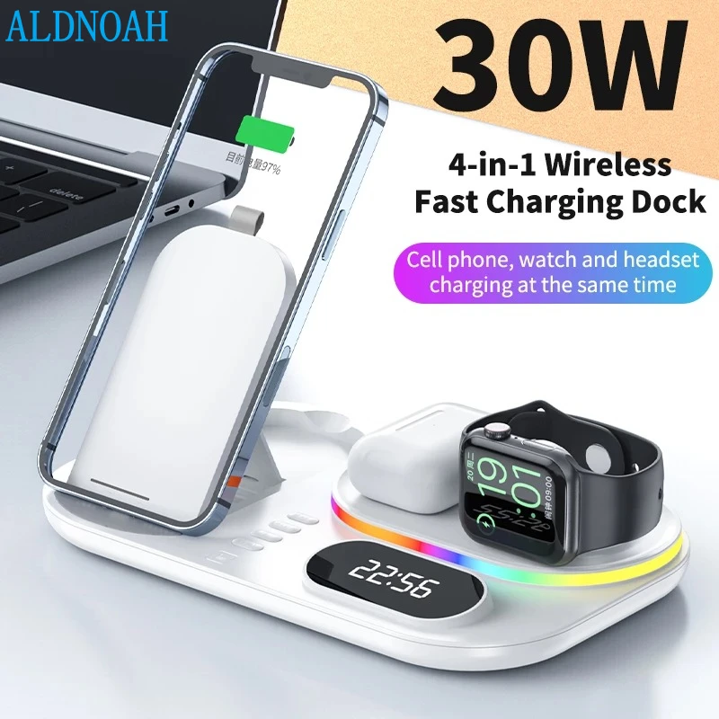 30W 4 in 1 Wireless Fast Charger For Apple Watch AirPods iPhone 13 Android Built-in Adjustable Bracket Colorful Lighting Effects