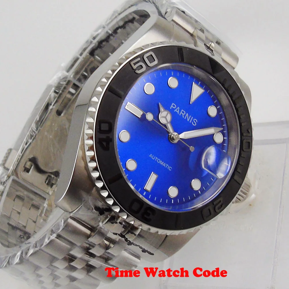Роскошные PARNIS 40 мм автоматические мужские наручные часы с синим циферблатом