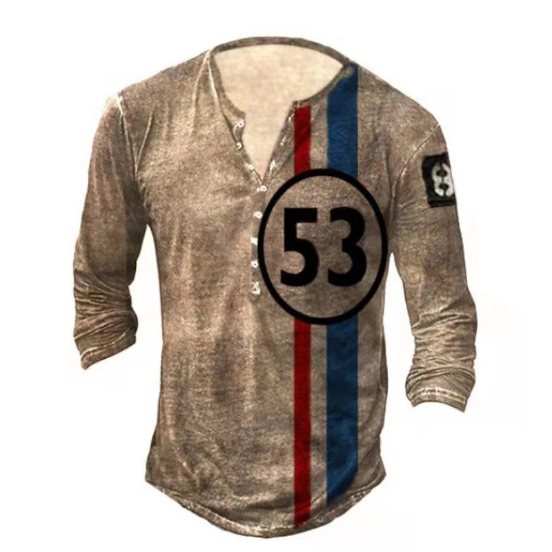 Vintage Pattern Printed Long Sleeve T-shirts Men's Fashion Loose Tees Autumn Casual Buttoned V-Neck Tops For Men Streetwear | Мужская