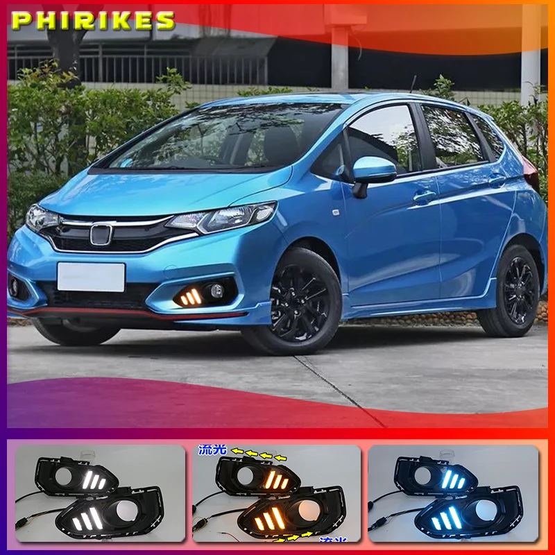 

Car LED Daytime Running Lights for Honda Jazz fit 2018 DRL Fog lamp driving lights with Yellow turning signal lights