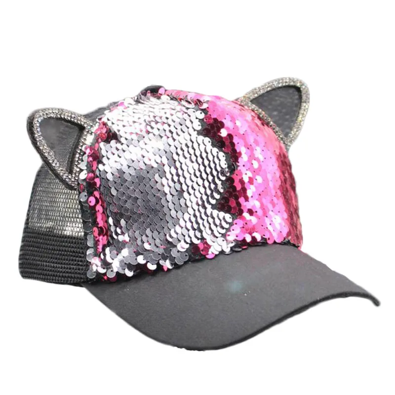 

2019 Summer Girls Hat Baseball Cap Sequins Ear Parent-Child Mesh Cap Adjustable Snapback Kids Casual Hip Hop Cap