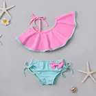 Новинка лета 2021, детский однотонный купальник из двух предметов с оборками для маленьких девочек, модный пляжный костюм бикини, одежда для девочек