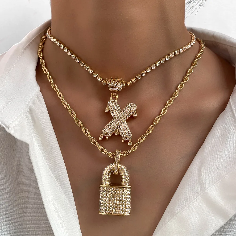 

Flatfoosie Full Rhinestone Lock Pendant Necklaces for Women Men Hip Hop Gold Silver Color Twisted Chain Necklace Punk Jewelry