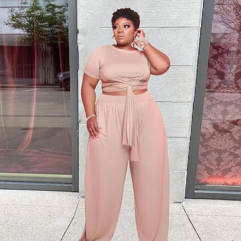 

Large Size Women Clothing Two Piece Set Summer Short Sleeve Tops and Wide Leg Pant Outfits Plus Size Sets Dropshipping Wholesale