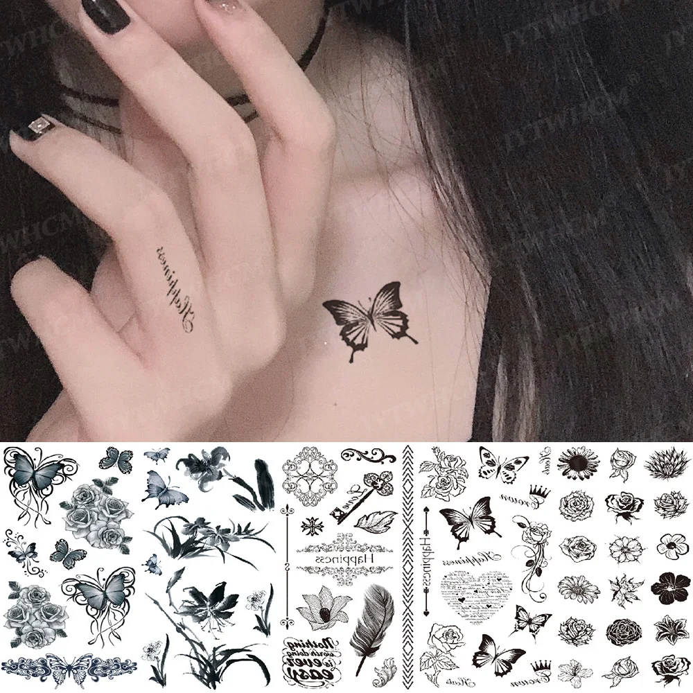

Women's Roses Tattoos For Girls Black Cute Butterfly Text Feather Dark Cartoon Temporary Tattoo Flash Art Fake Tattoo Stickers