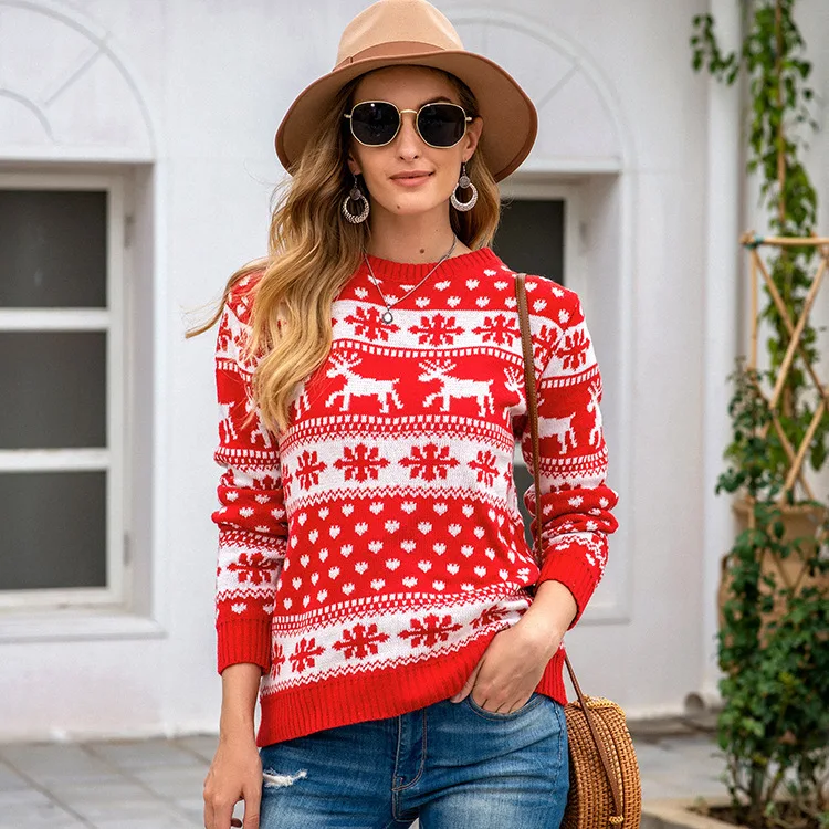 

New Foreign Trade Cross-border Europe And The United Sellers Amazon Christmas Women's Set Round Neck Deer Snowwear Sweater