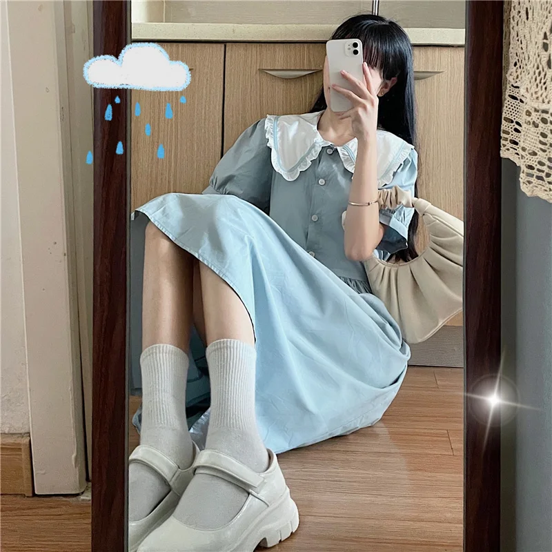 

Japanese Elegant Women Lolita Style Dress Summer Autunn Sailor Collar Princess Dress Ruffles Mid-Calf Ladies Dresses Vestidos