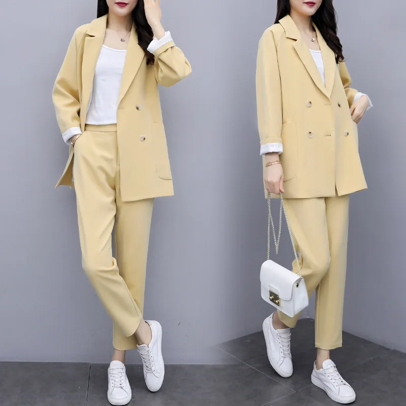 Женский костюм с брюками повседневный темпераментный однотонный комплект со