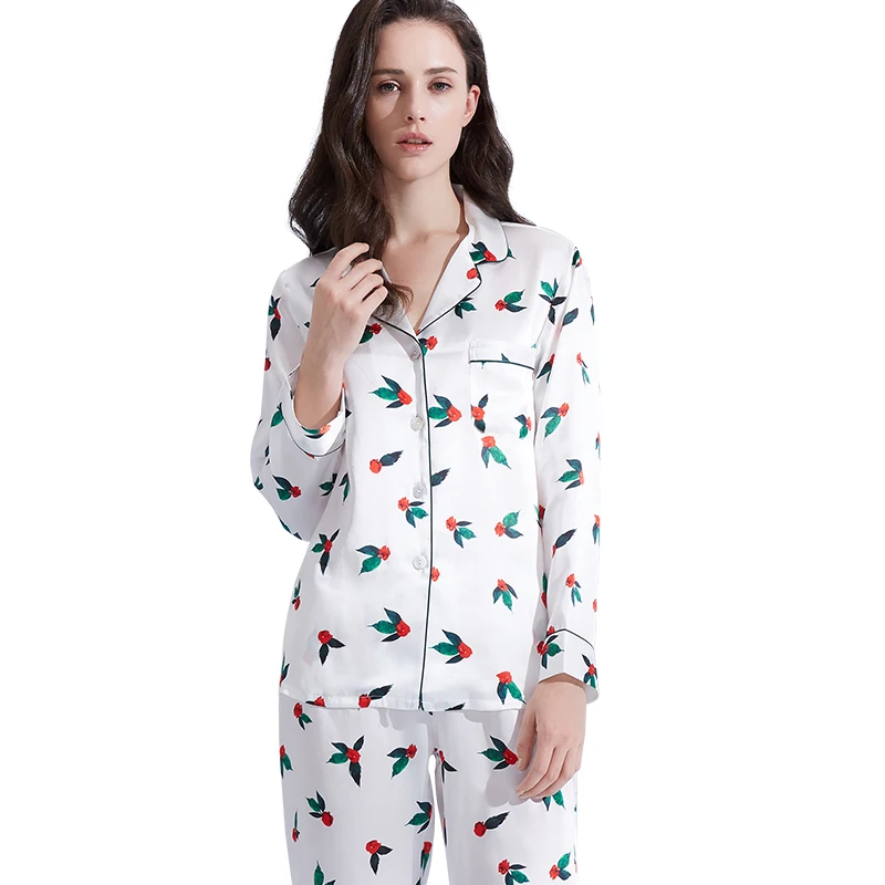 100% Real Silk Pajamas for Women Print Flower Sleepwear Full-Sleeves Pijamas Luxury Nightwear Silk Pyjama Black Nighties Femme
