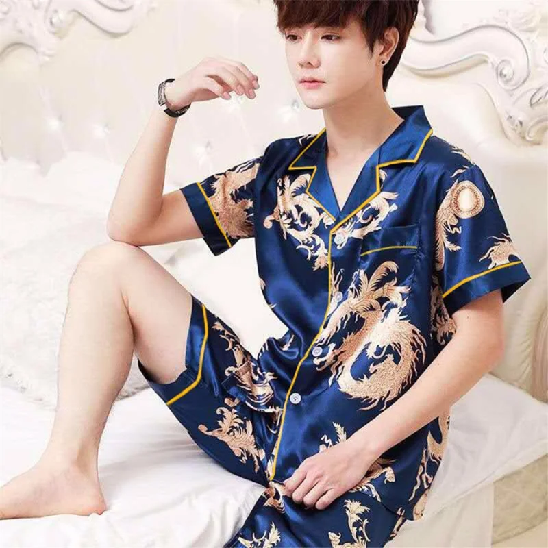 (Top + pants) Men's ice silk short-sleeved pajamas suit casual printing loose and comfortable large size thin lapel home service