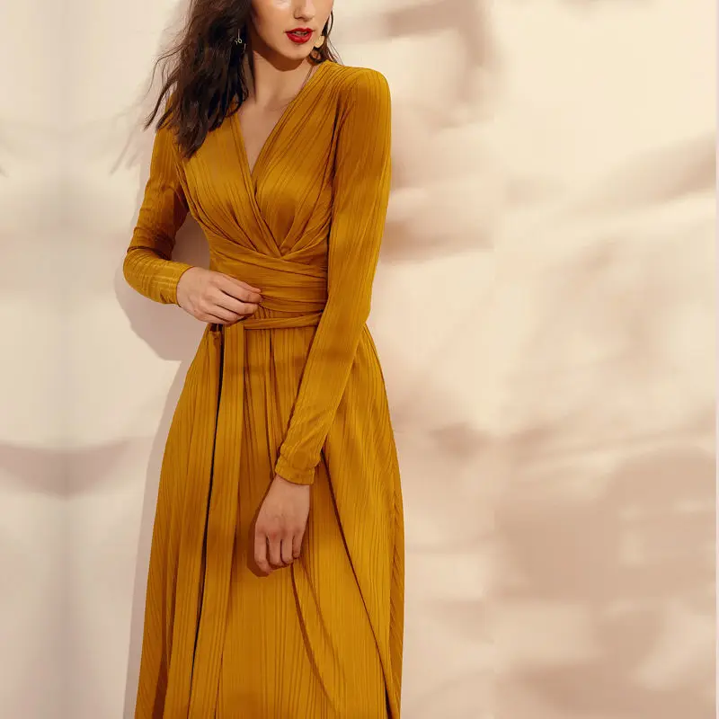 

New Style ElegantSlimming V-neck Long Sleeve Slit Hemline at Hem Elegant Formal Red Sashes Midi Party Dress Spring