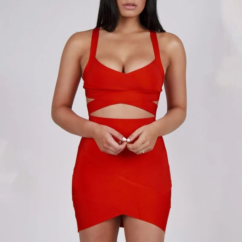 

2021 New Arrivals Spaghetti Strap Cut Out V-neck Red Bandage Suit Party Celebrity Bodycon Two Piece Set 2 pc Sets
