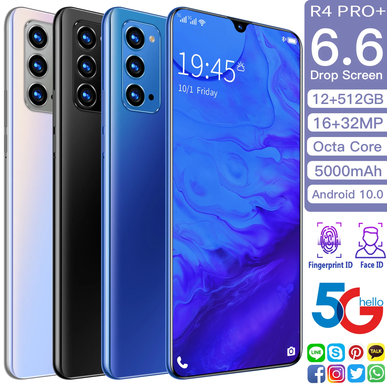 

2021 New R4 PRO+ 5G 6.6 Inch Smartphone 32MP Camera HD Screen 5000mAh MTK6889+ Octa Core 12G 512G Global Version Mobile Phone