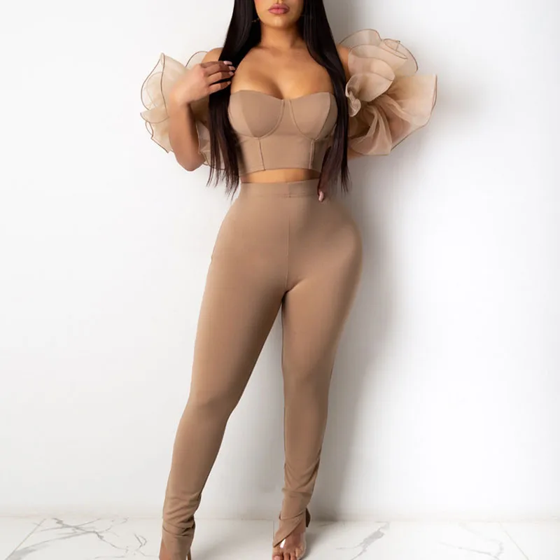 

Women Summer Mesh Puff Sleeve Two Piece Sets Sexy Ladies Strapless Short Top And Skinny Pencil Pants Suits 2021 Club Wear Suits