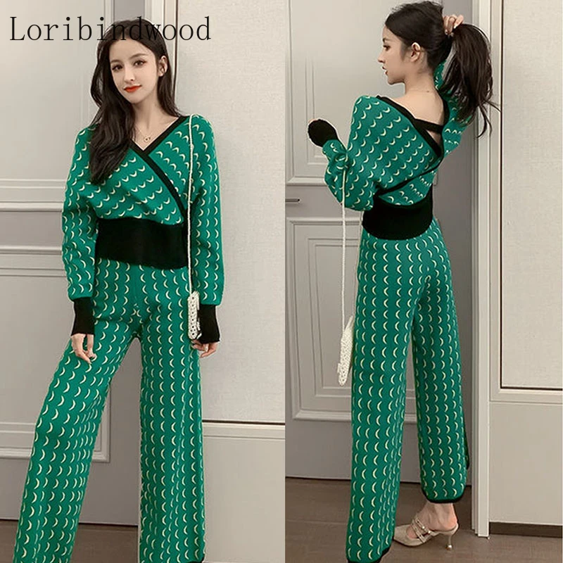 

2020 Spring autumn green 2 Piece Set Women Tracksuit Long Sleeve Knitted Elegent 2 Piece Pant Suits For Women Print Warm Suits
