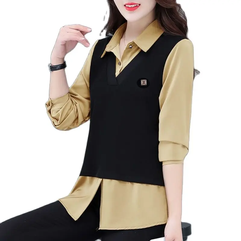 

Women Blouse 2021Spring summer Fake two shirts Female Large size 5XL Tops Femme Autumn Base Shirt D1109