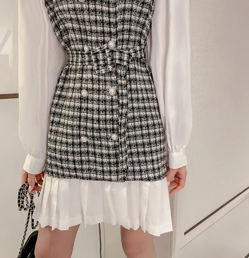 Клетчатое платье женское 2019 осень Новое Женское французское офисное винтажное