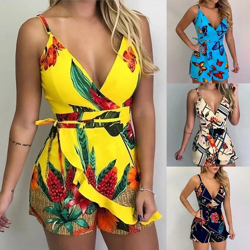 2021 NEW Women's Summer Print Jumpsuit Casual Slim Short Sleeve V-Neck Beach Rompers Sleeveless Bodycon Sexy Playsuit