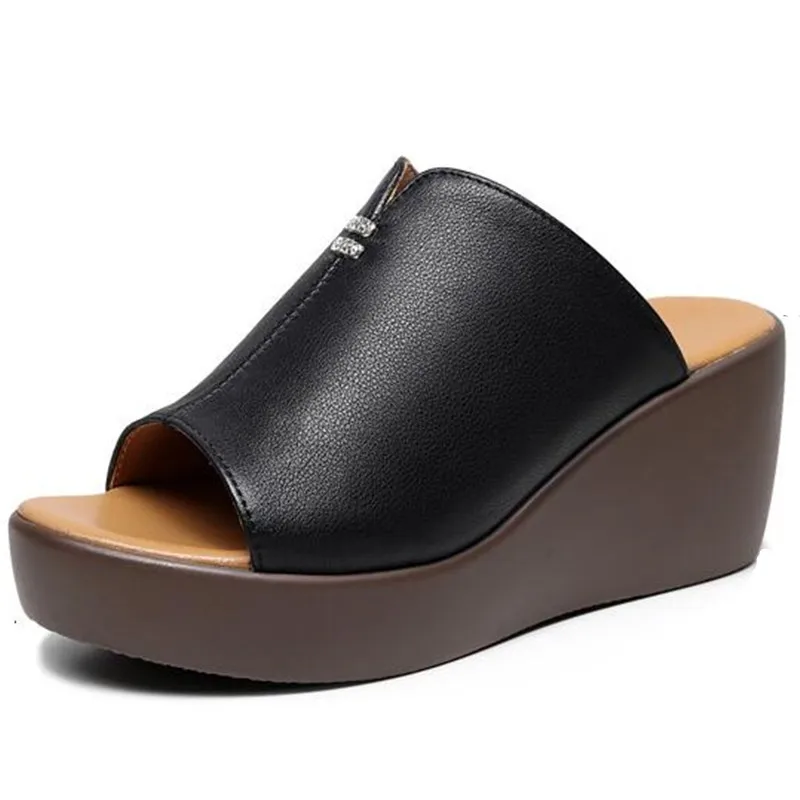 

2023 Summer Fish Mouth Genuine Leather Slipper Wedges Sandals Outer Wear Non-slip Comfort Platform Slippers Women Sandal Shoes