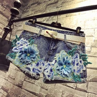 short feminino 2022 novelty appliques denim shorts women blue peony embroidery casual summer shorts