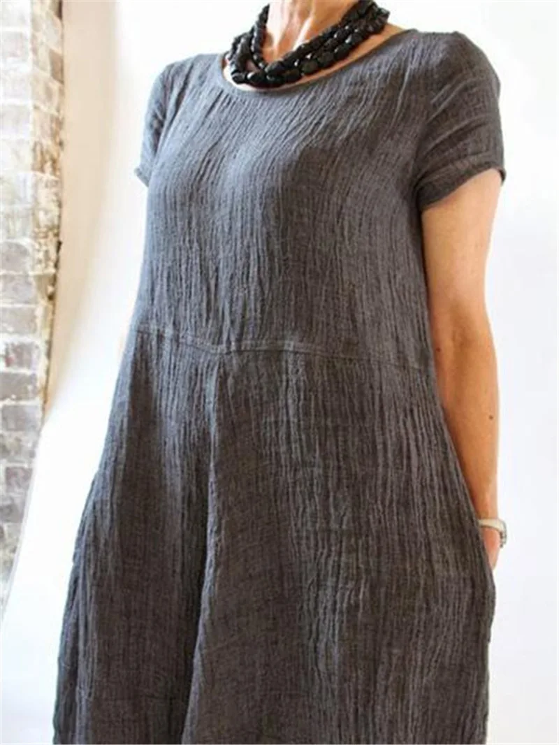 

Chinese style loose solid large cotton linen dress