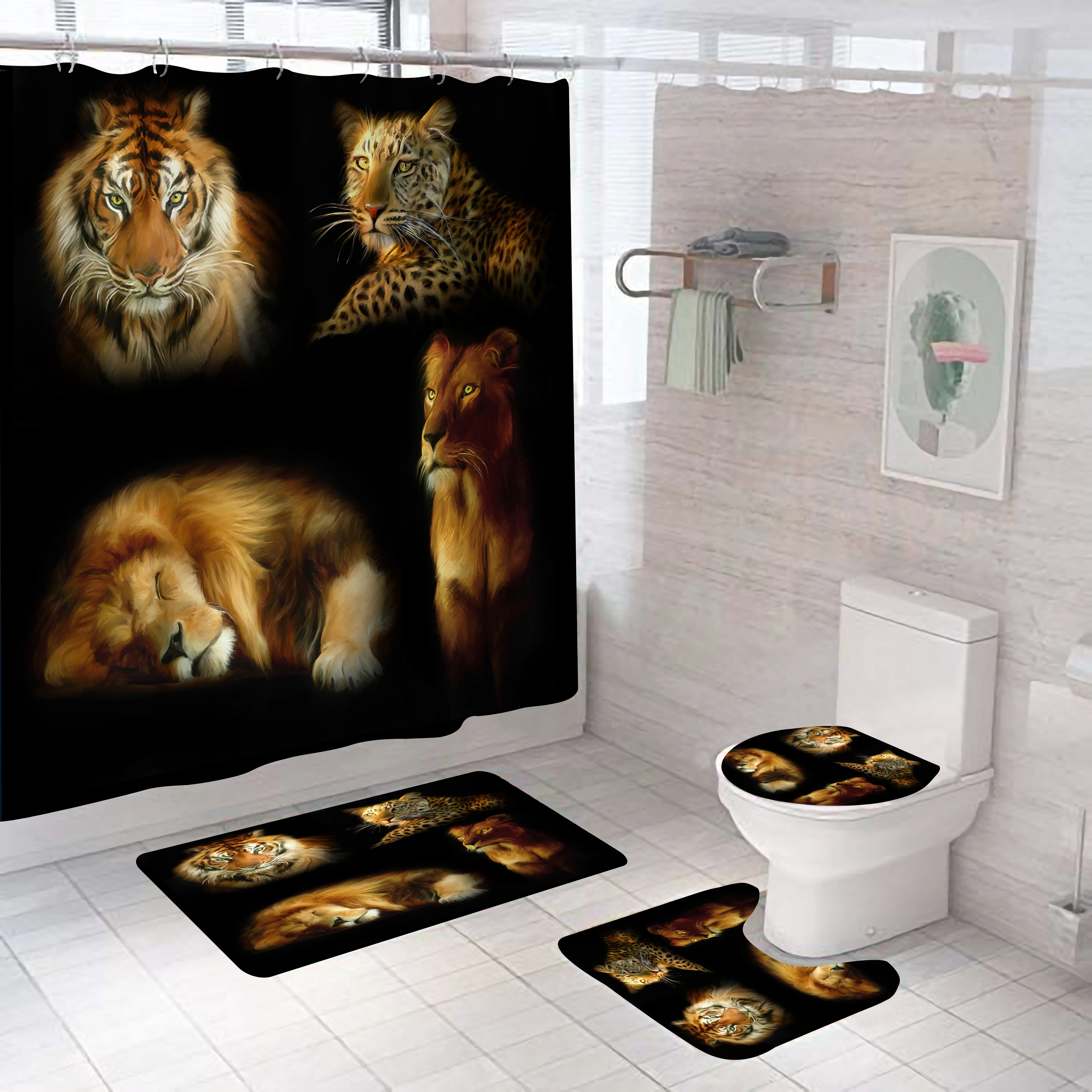 

Design 3D Print Animal Tiger Shower Curtains Bath Screens Waterproof Toilet Polyester Cover Mat Set Anti-Slip Bathroom Rugs Kits