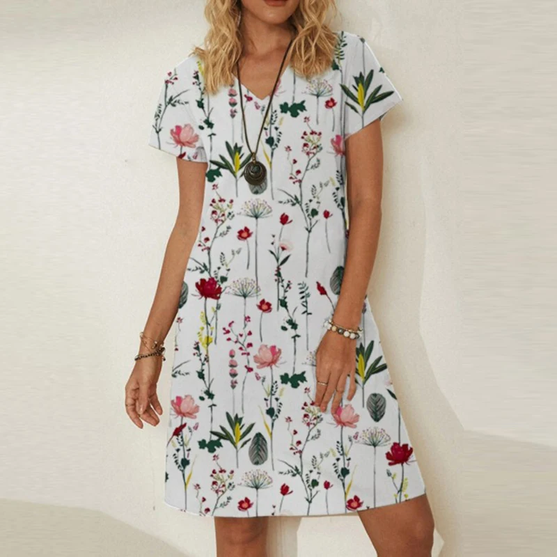 

Women Elegant V-Neck Party Dress Female Summer Spring Vintage Print Mini Dress Fashion Casual Short Sleeve Loose Dress Vestidos