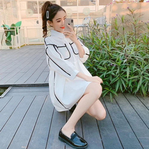 Шикарное платье рубашка 2019 осень Питер Пэн воротник пэчворк Повседневный с