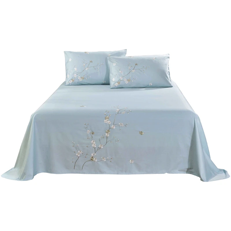 

Pure cotton twill bed linen embroidered flat sheet pillowcase Linens Twin size bedding set for home blue pink